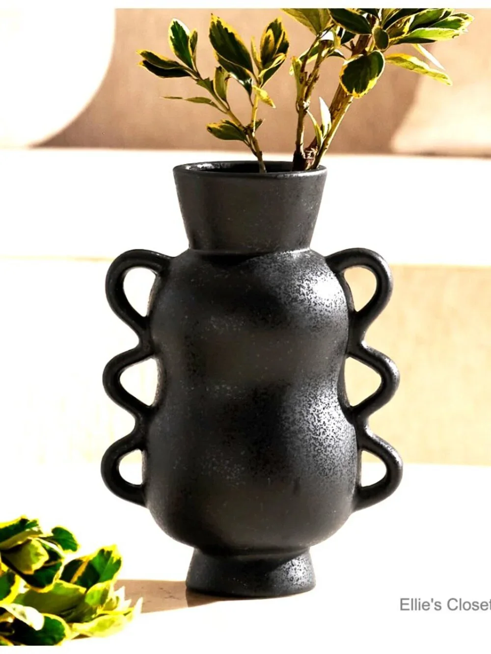 Ceramic Vase with Wave Handles, 10'' Tall Home Decor for Table, Bookshelf,